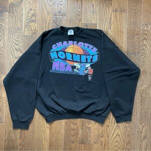 Throwback 90s XL Charlotte Hornets NBA Black Sweater, Logo 7 Heavy Weight Crew
